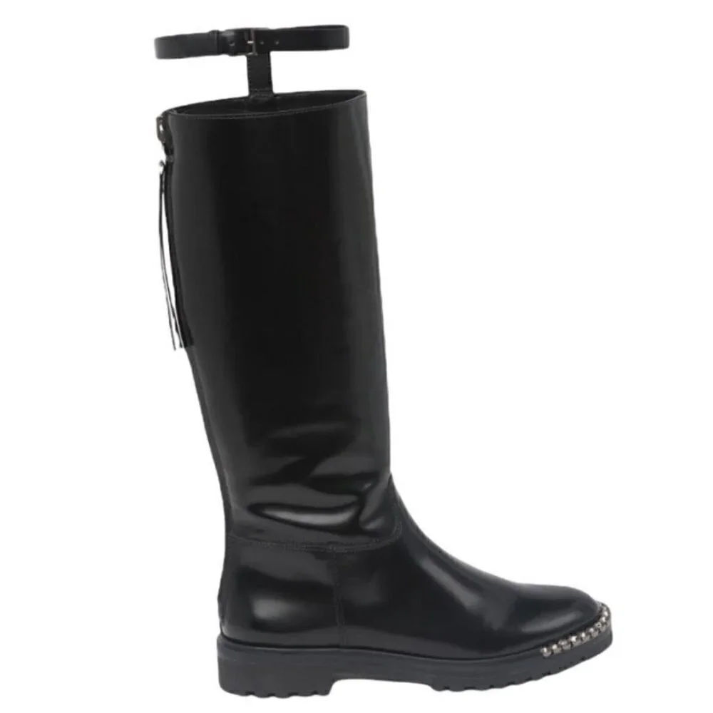 NEW Schutz Cianna Embellished Toe Black Polished Leather Riding Boots Size 6.5B